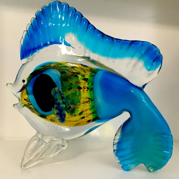Hand Blown Art Glass Blue Green Yellow Saltwater Fish Paperweight Murano Style - Picture 2 of 11